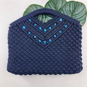 Vintage 1970's Blue Knotted Macrame Beads Lined Hinged Hand Clutch Bag Purse